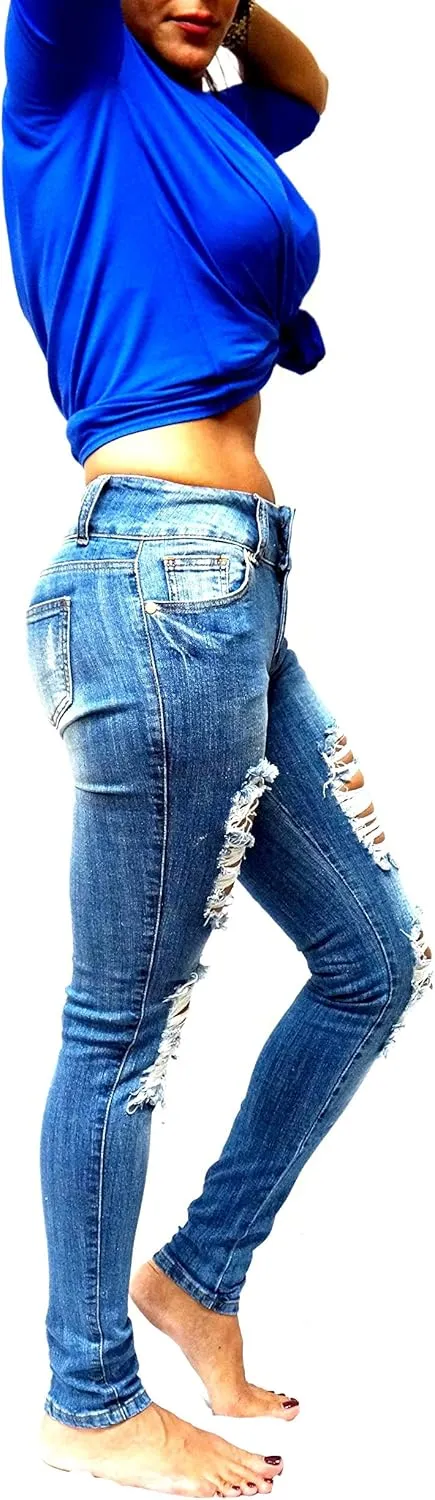 Jack David/Pasion/U.W.D Womens Distressed Denim Jeans Ripped Blue Skinny Destroy Stretch Jean Pants