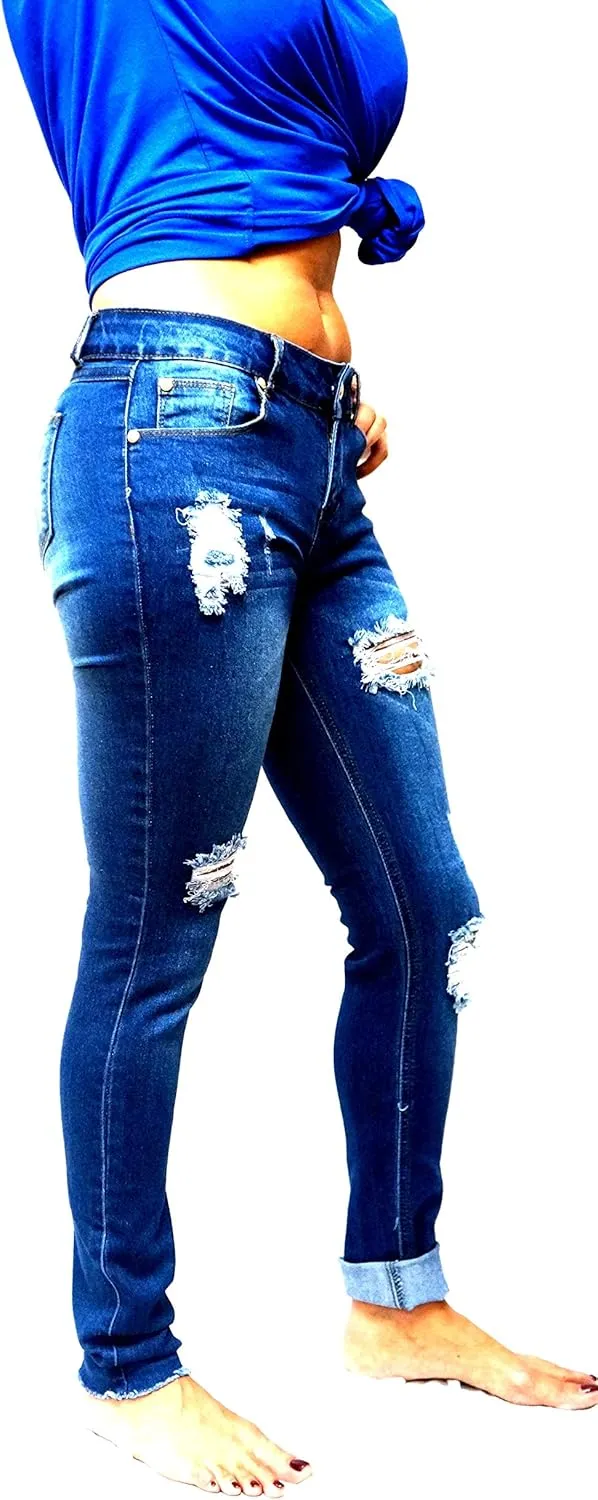 Jack David/Pasion/U.W.D Womens Distressed Denim Jeans Ripped Blue Skinny Destroy Stretch Jean Pants