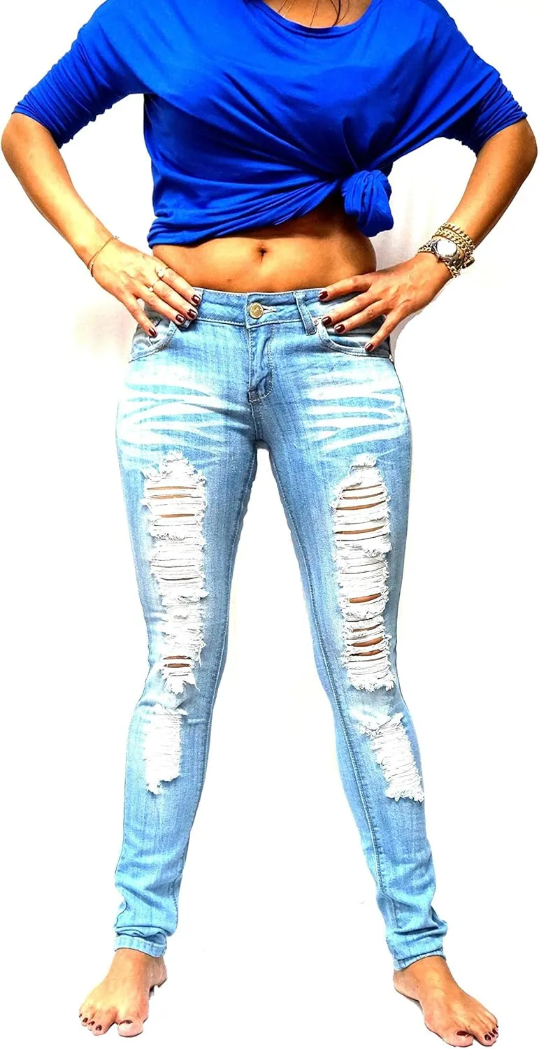 Jack David/Pasion/U.W.D Womens Distressed Denim Jeans Ripped Blue Skinny Destroy Stretch Jean Pants