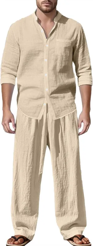 Jacquard Set Men, Summer Knitted Loose Fit Sweatshirt V-Neck Long Sleeve Tops and Drawstring Jogging Pants Suit 2 Piece