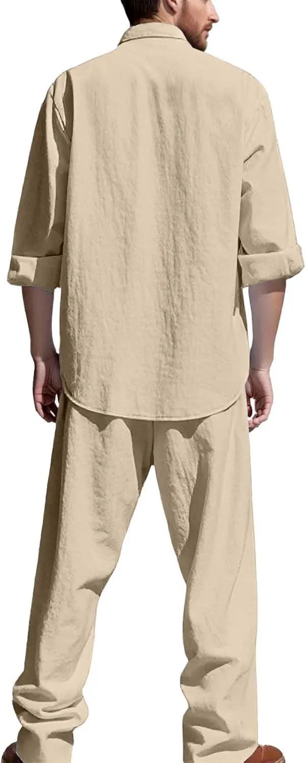 Jacquard Set Men, Summer Knitted Loose Fit Sweatshirt V-Neck Long Sleeve Tops and Drawstring Jogging Pants Suit 2 Piece
