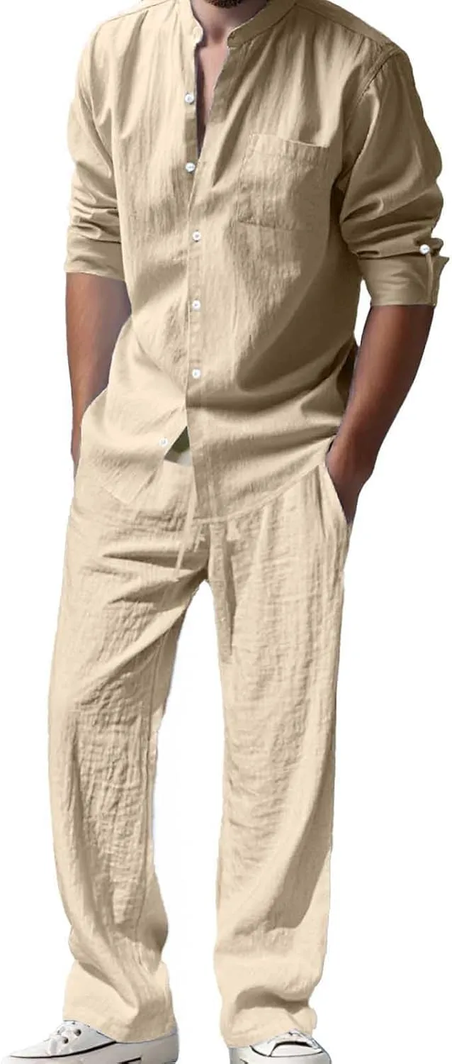 Jacquard Set Men, Summer Knitted Loose Fit Sweatshirt V-Neck Long Sleeve Tops and Drawstring Jogging Pants Suit 2 Piece