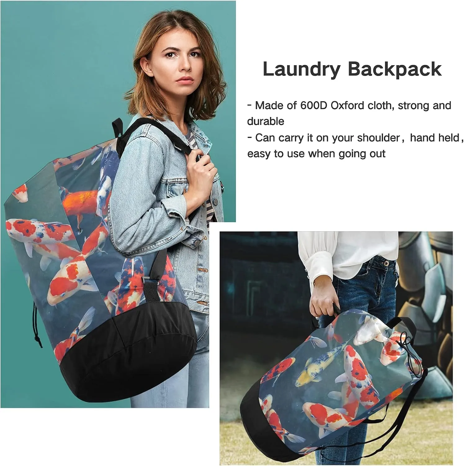 Japanese Koi Carp Laundry Bag Large Heavy Duty Laundry Backpack with Shoulder Straps Waterproof Laundry bag for Traveling Camp Dirty Clothes Organizer for College Students