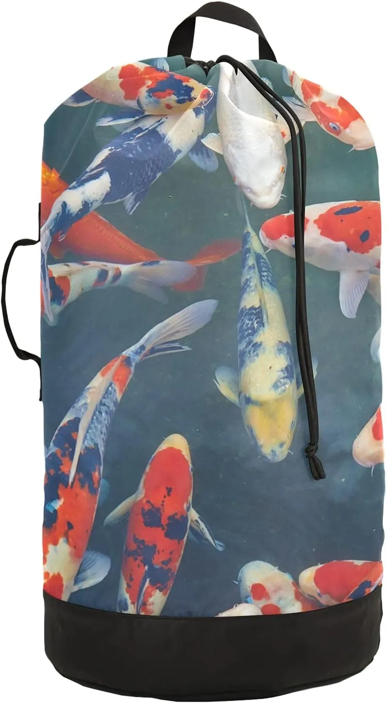 Japanese Koi Carp Laundry Bag Large Heavy Duty Laundry Backpack with Shoulder Straps Waterproof Laundry bag for Traveling Camp Dirty Clothes Organizer for College Students