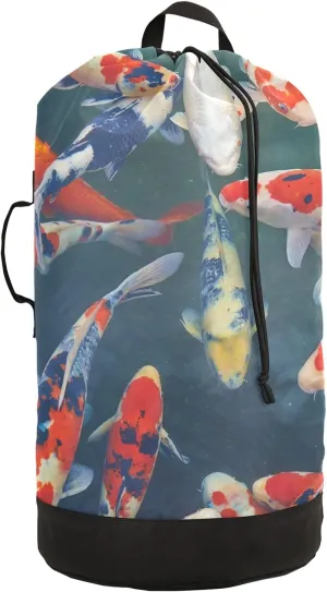 Japanese Koi Carp Laundry Bag Large Heavy Duty Laundry Backpack with Shoulder Straps Waterproof Laundry bag for Traveling Camp Dirty Clothes Organizer for College Students