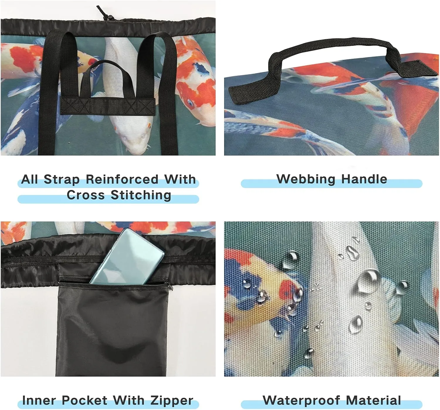 Japanese Koi Carp Laundry Bag Large Heavy Duty Laundry Backpack with Shoulder Straps Waterproof Laundry bag for Traveling Camp Dirty Clothes Organizer for College Students