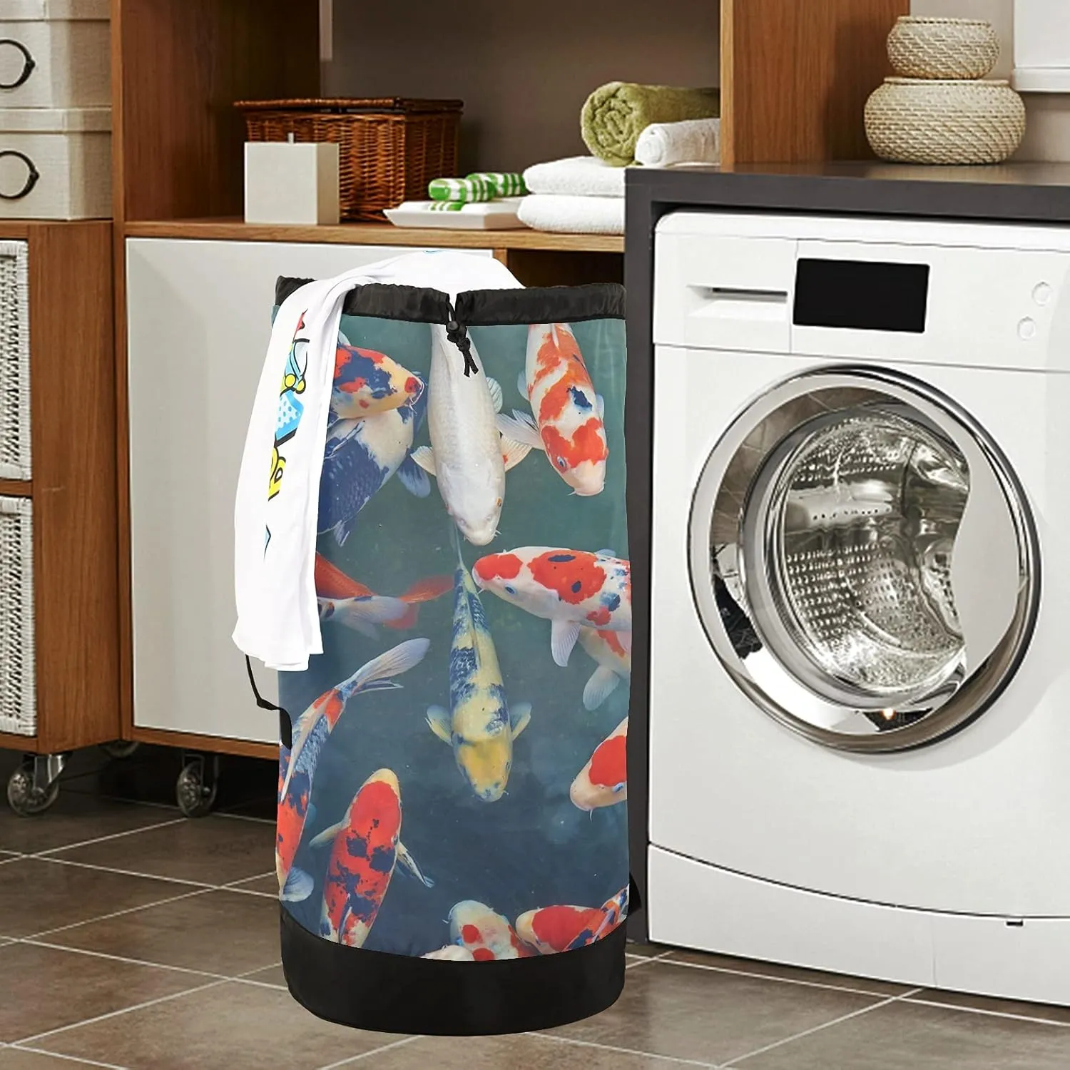 Japanese Koi Carp Laundry Bag Large Heavy Duty Laundry Backpack with Shoulder Straps Waterproof Laundry bag for Traveling Camp Dirty Clothes Organizer for College Students