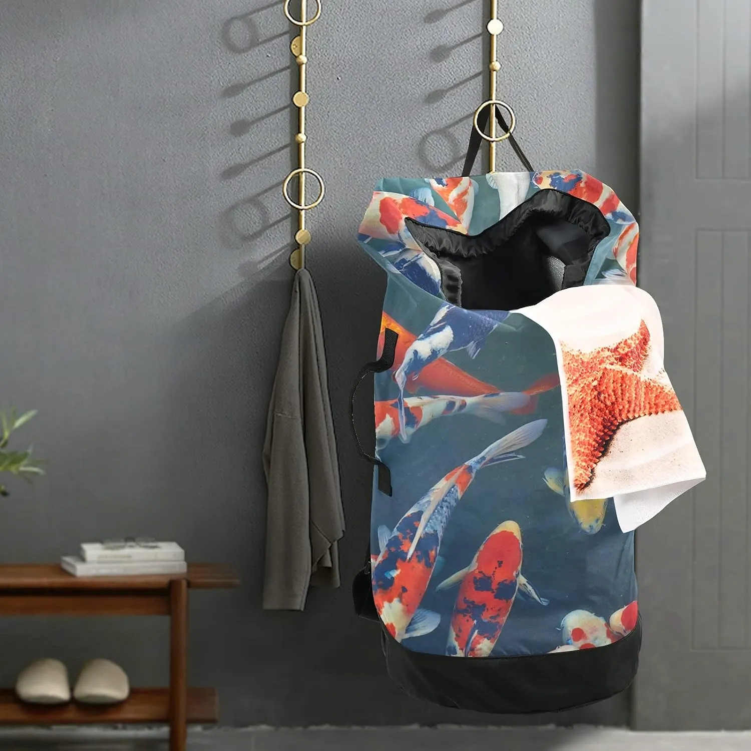 Japanese Koi Carp Laundry Bag Large Heavy Duty Laundry Backpack with Shoulder Straps Waterproof Laundry bag for Traveling Camp Dirty Clothes Organizer for College Students