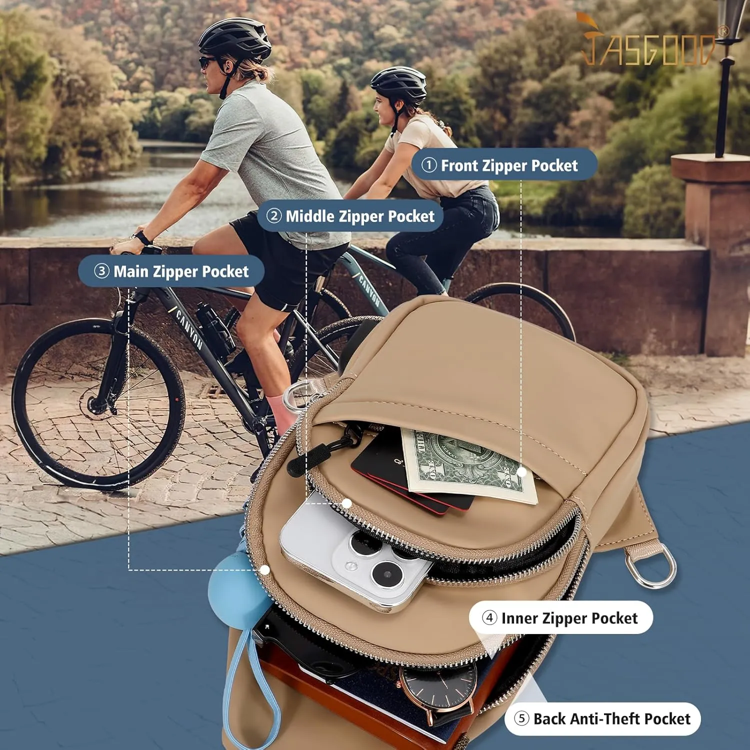 JASGOOD Sling Bag for Men Women, Crossbody Bag Faux Leather Fanny Pack Waterproof Chest Bag Backpack for Travel,Hiking