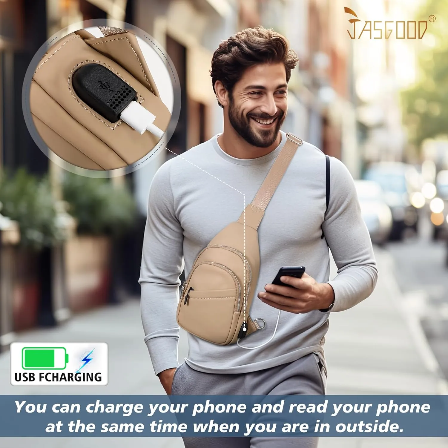 JASGOOD Sling Bag for Men Women, Crossbody Bag Faux Leather Fanny Pack Waterproof Chest Bag Backpack for Travel,Hiking