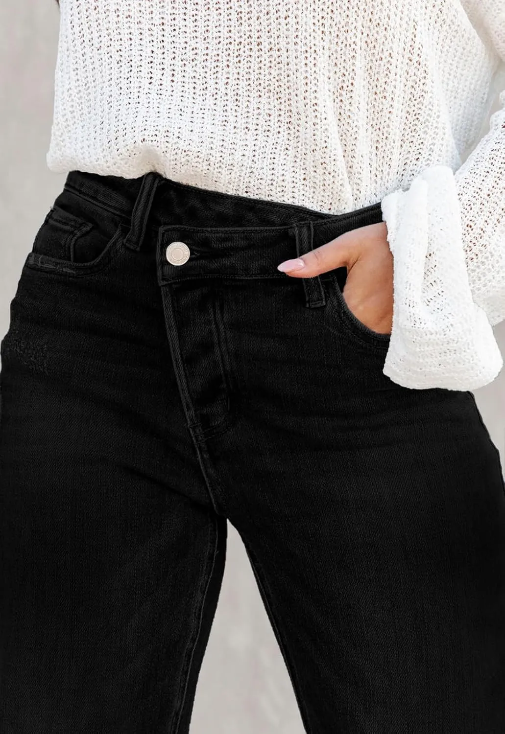 Jeans for Women Trendy High Waisted Corssover Boyfriend Jeans Distressed Stretchy Denim Pants