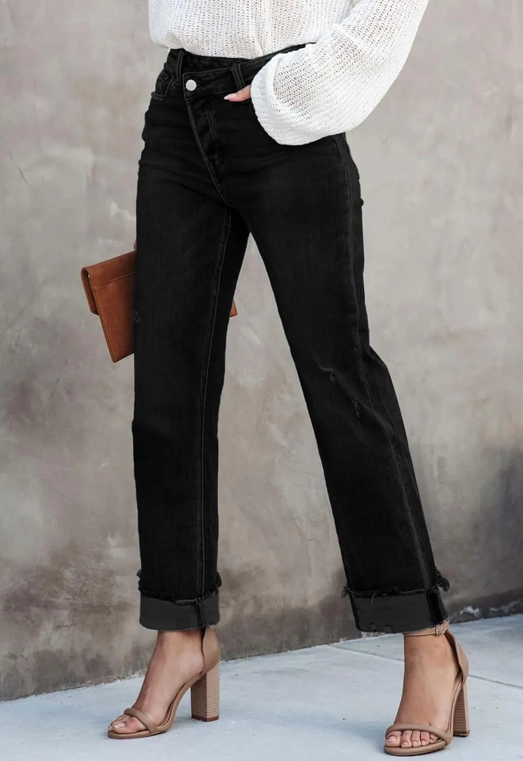 Jeans for Women Trendy High Waisted Corssover Boyfriend Jeans Distressed Stretchy Denim Pants