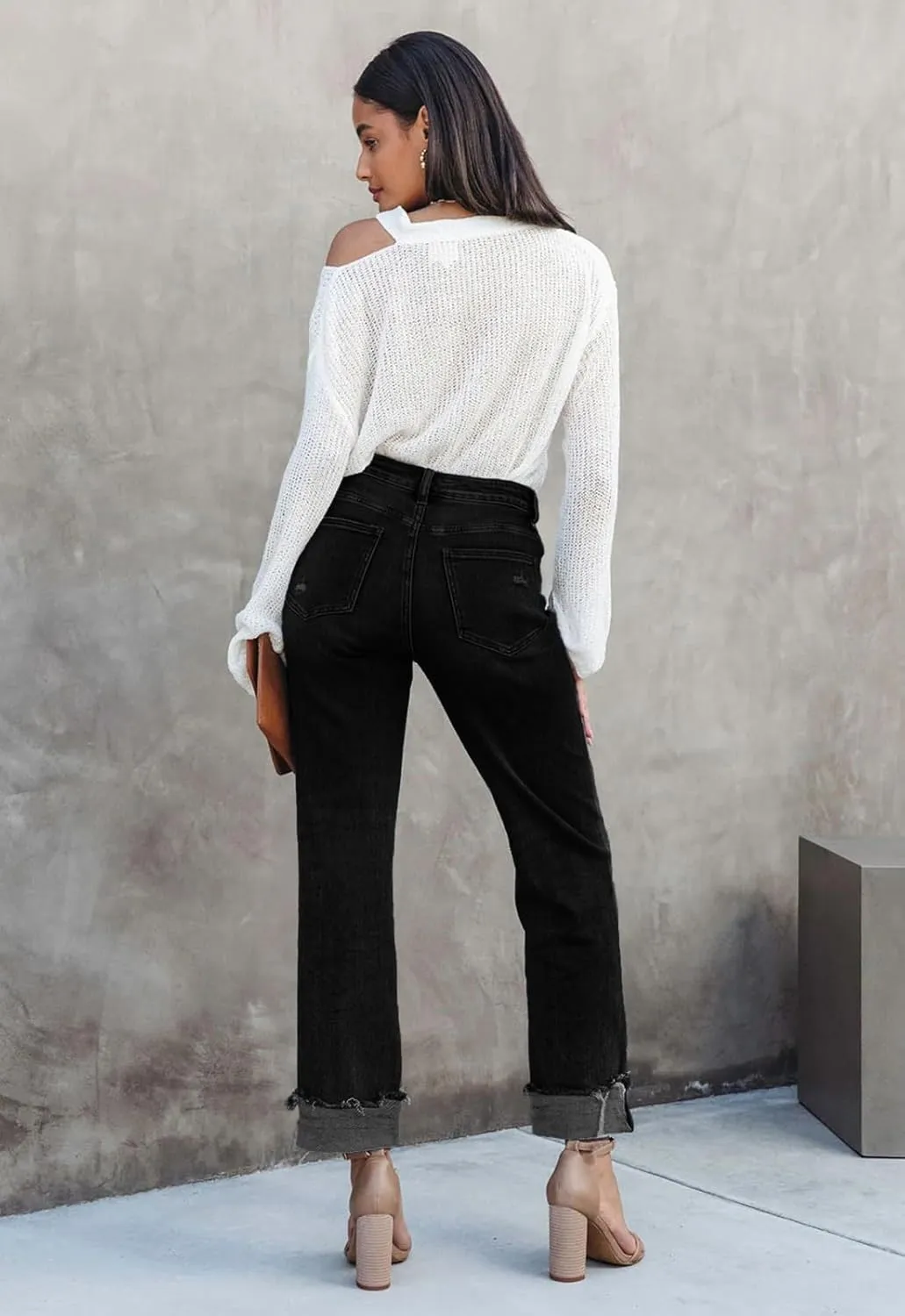 Jeans for Women Trendy High Waisted Corssover Boyfriend Jeans Distressed Stretchy Denim Pants