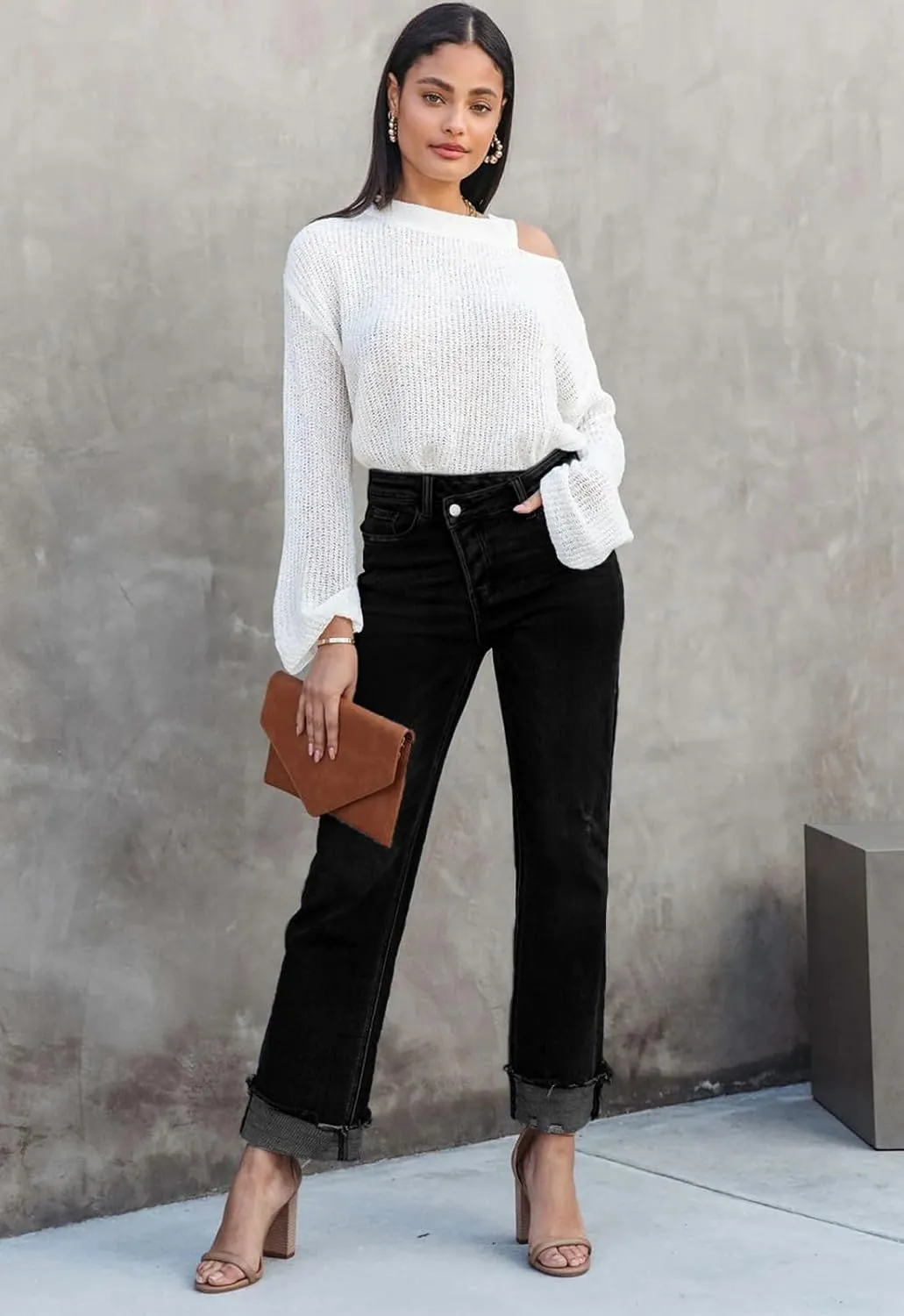 Jeans for Women Trendy High Waisted Corssover Boyfriend Jeans Distressed Stretchy Denim Pants