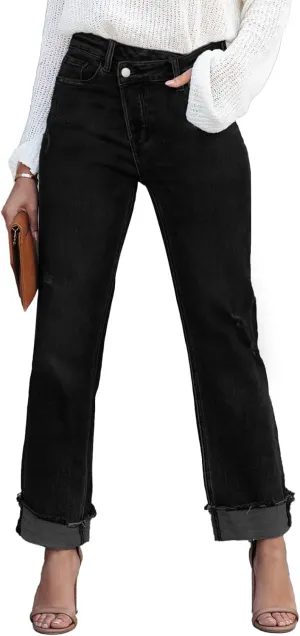 Jeans for Women Trendy High Waisted Corssover Boyfriend Jeans Distressed Stretchy Denim Pants