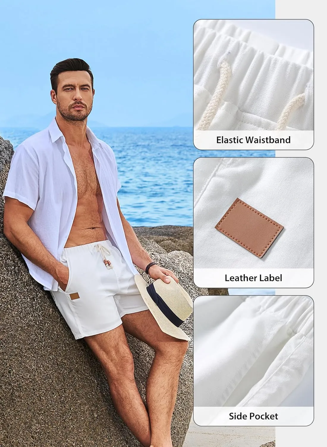 JMIERR Mens Casual 5"/ 7" Cotton Linen Shorts - Elastic Waist Drawstring Summer Beach Shorts with Pockets