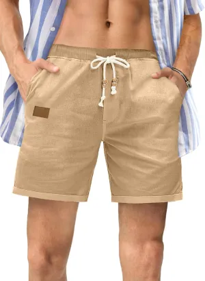 JMIERR Mens Casual 5"/ 7" Cotton Linen Shorts - Elastic Waist Drawstring Summer Beach Shorts with Pockets
