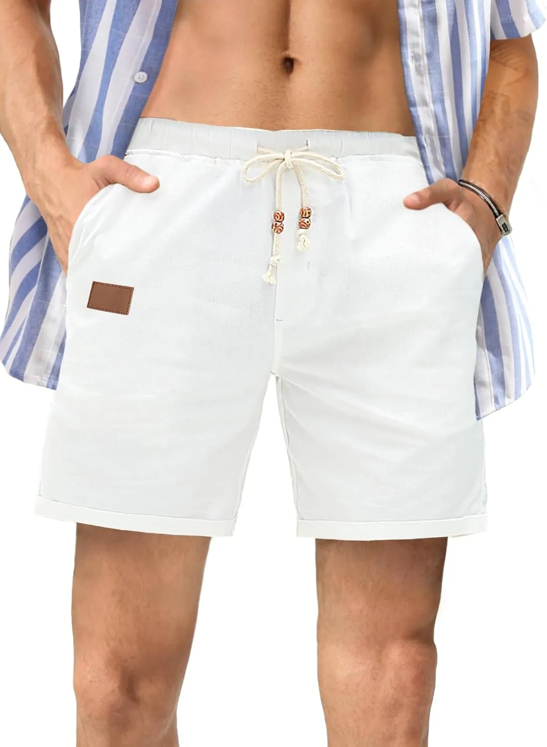 JMIERR Mens Casual 5"/ 7" Cotton Linen Shorts - Elastic Waist Drawstring Summer Beach Shorts with Pockets