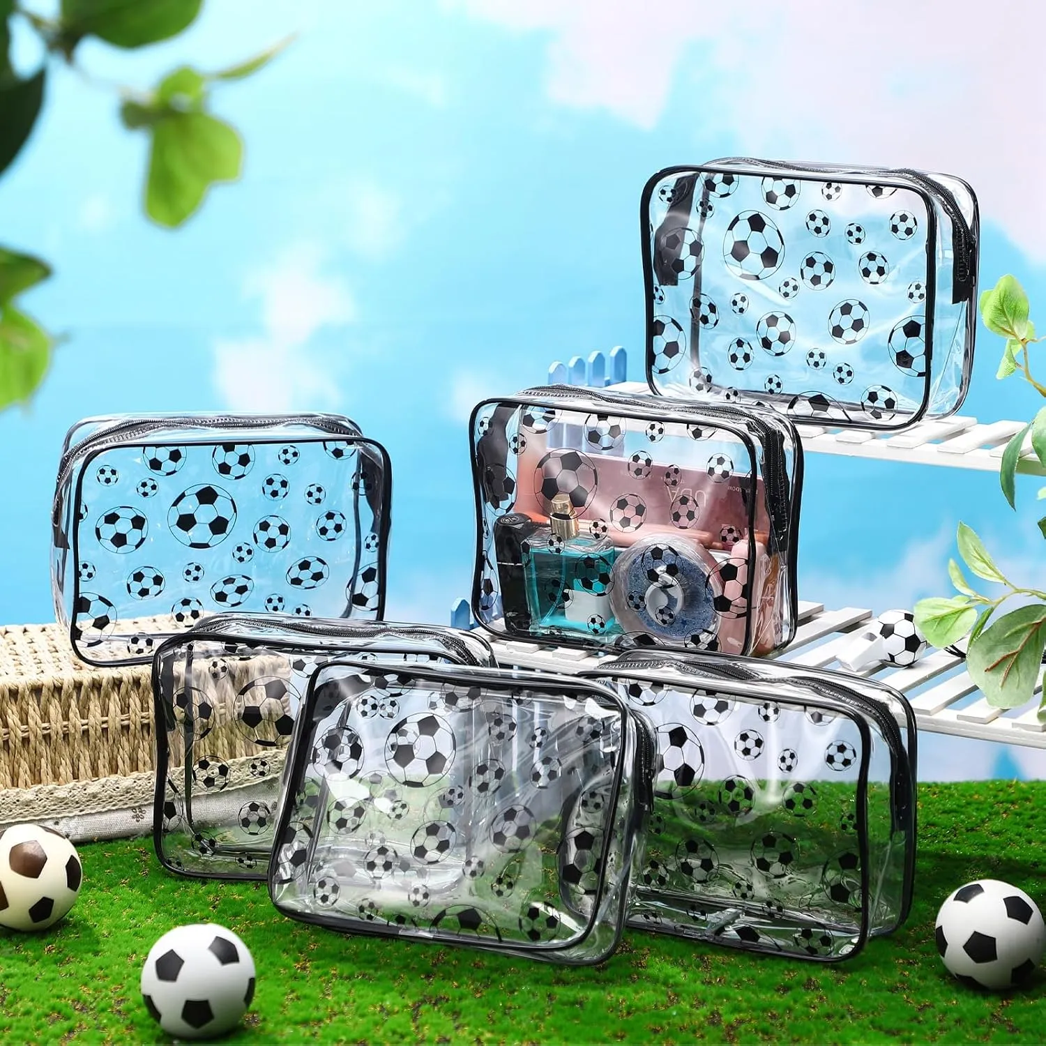 Kacctyen 20 Packs Soccer Gifts Makeup Bag Accessories Soccer Clear Theme Cosmetic Bag 8 x 6 x 2.4'' Waterproof Travel Pouch PVC Organizer Purse Portable Toiletry Storage Case for Women