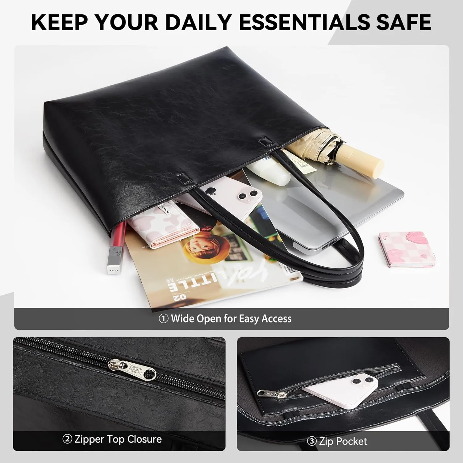 KALIDI Tote Bag Zipper Shoulder Bag Faux Leather Purses Satchel for Women Large Casual Handbag Work Dating College
