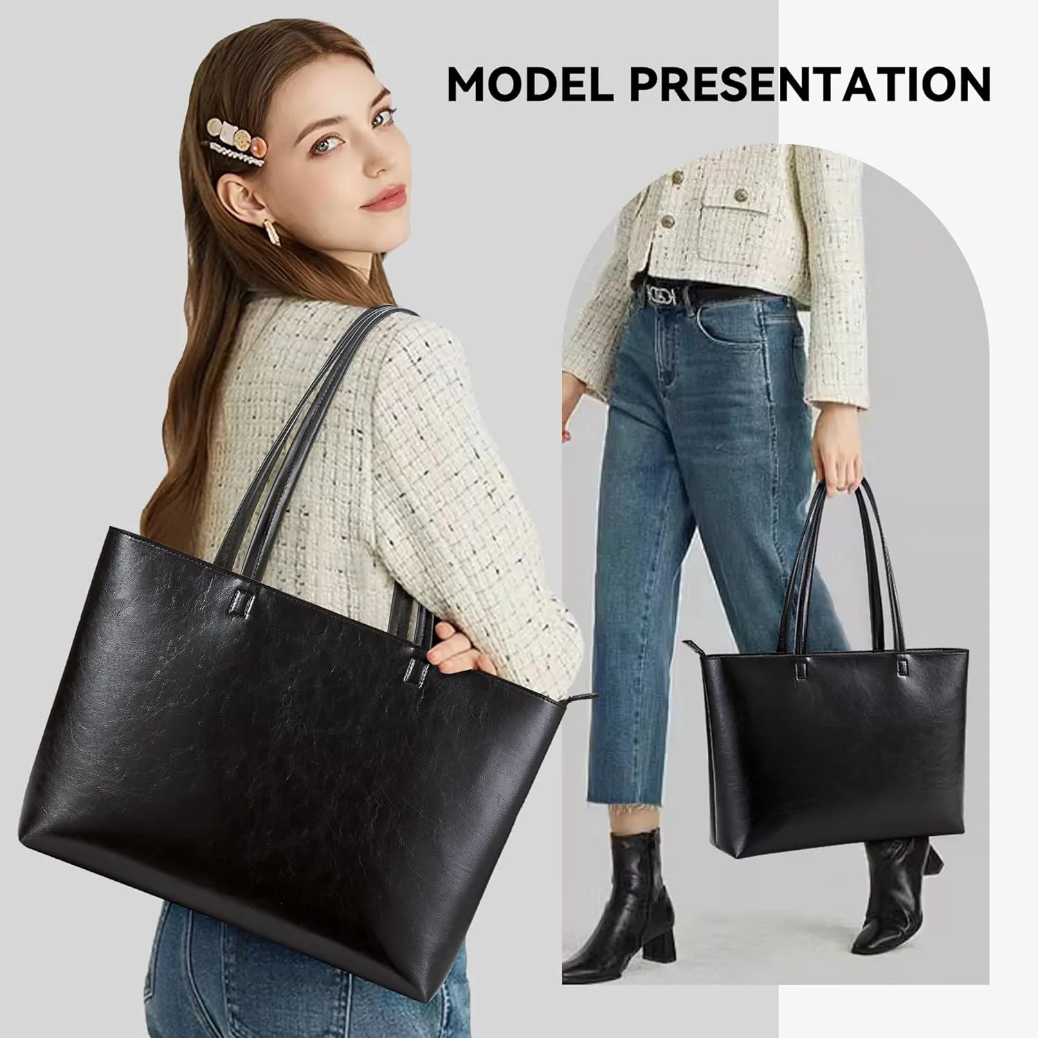 KALIDI Tote Bag Zipper Shoulder Bag Faux Leather Purses Satchel for Women Large Casual Handbag Work Dating College