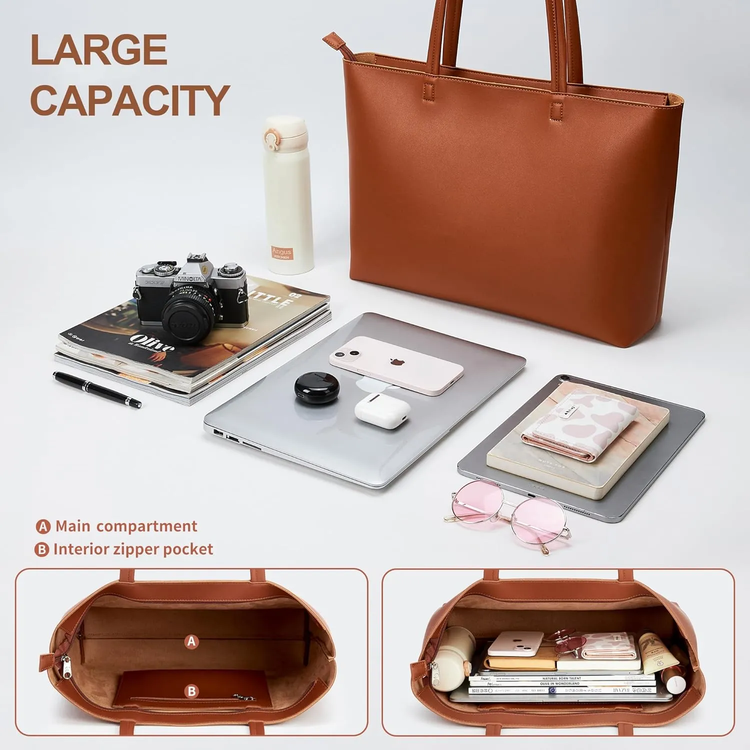 KALIDI Tote Bag Zipper Shoulder Bag Faux Leather Purses Satchel for Women Large Casual Handbag Work Dating College
