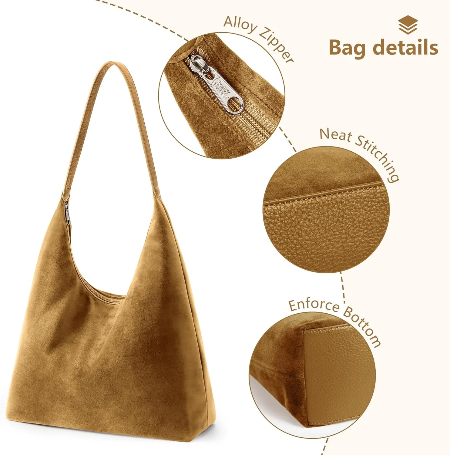 KALIDI Vintage 15L Hobo Bag Faux Suede Tote Zipper Work Bag Vegan Leather Shoulder Strap for Women Travel Purse