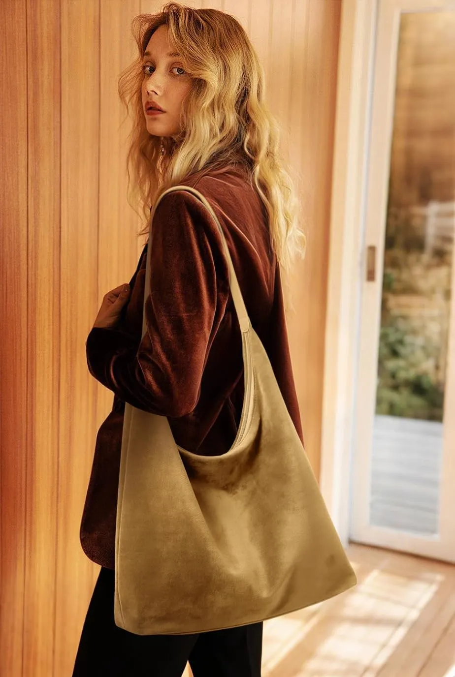 KALIDI Vintage 15L Hobo Bag Faux Suede Tote Zipper Work Bag Vegan Leather Shoulder Strap for Women Travel Purse