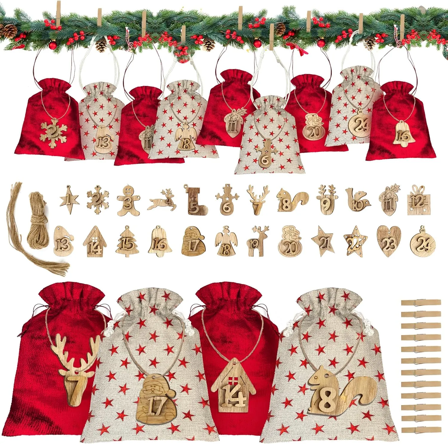 KatchOn, Christmas Advent Calendar Bags with Numbers - Pack of 24 | Red and Beige Christmas Goodie Bags | Santa Sacks Drawstring Christmas Bags | Advent Bags with Numbers for Christmas Decorations