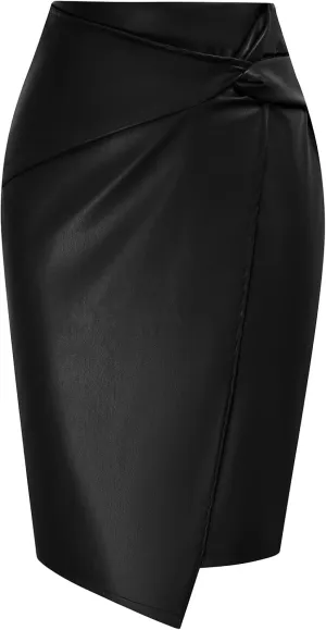 Kate Kasin Women's Faux Leather High Waist Wrap Knit Bodycon Midi Skirt for Business Casual Pencil Skirt