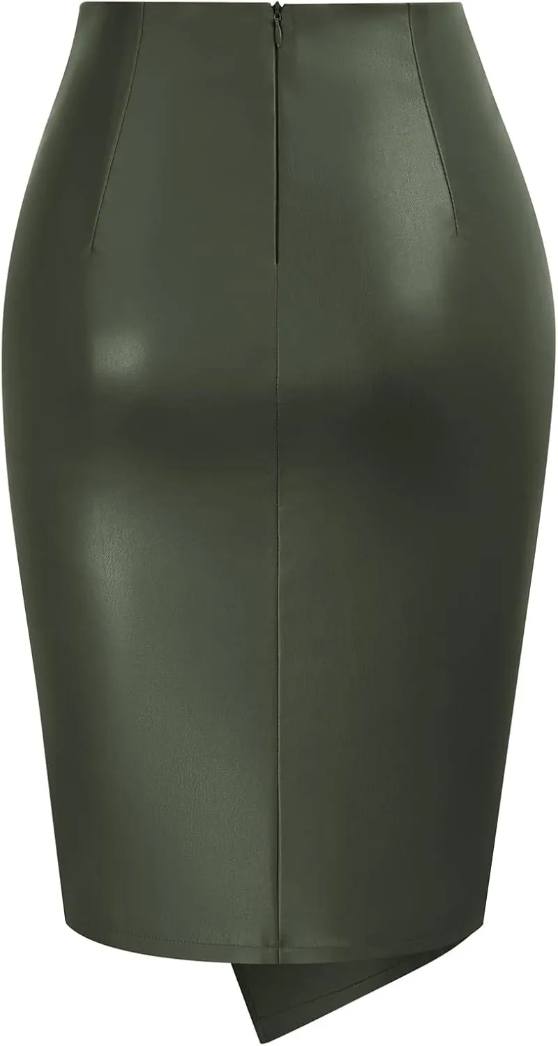 Kate Kasin Women's Faux Leather High Waist Wrap Knit Bodycon Midi Skirt for Business Casual Pencil Skirt
