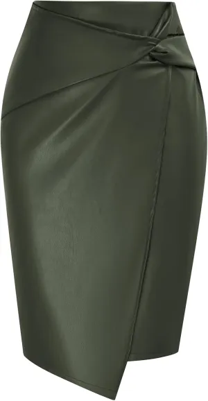 Kate Kasin Women's Faux Leather High Waist Wrap Knit Bodycon Midi Skirt for Business Casual Pencil Skirt