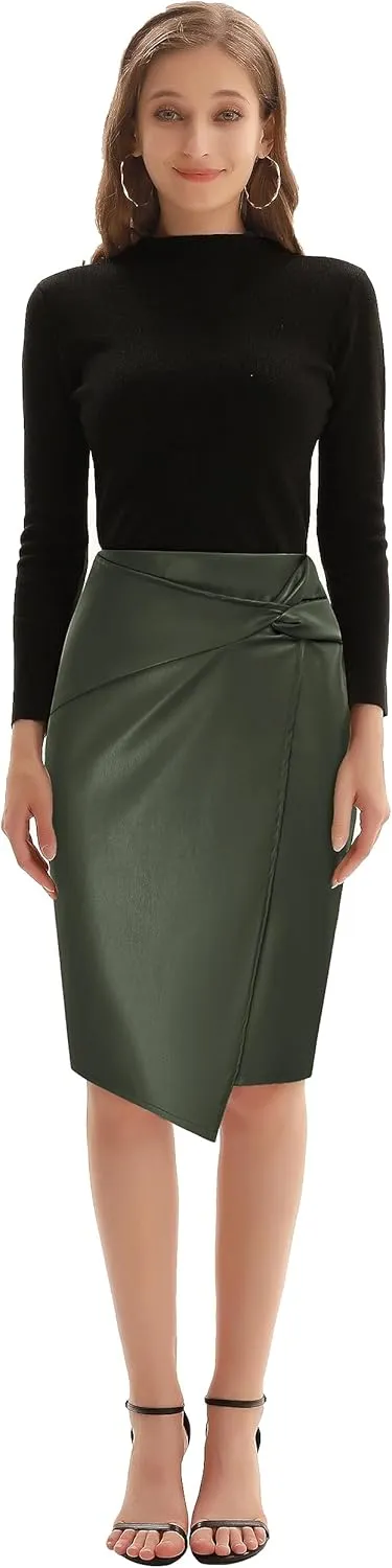 Kate Kasin Women's Faux Leather High Waist Wrap Knit Bodycon Midi Skirt for Business Casual Pencil Skirt