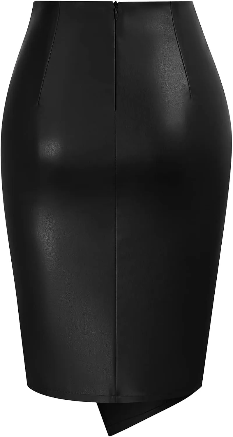 Kate Kasin Women's Faux Leather High Waist Wrap Knit Bodycon Midi Skirt for Business Casual Pencil Skirt