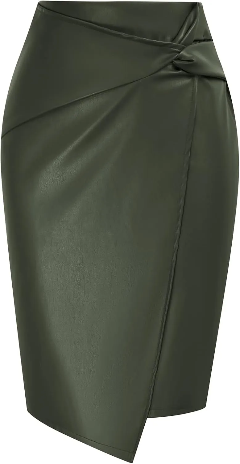 Kate Kasin Women's Faux Leather High Waist Wrap Knit Bodycon Midi Skirt for Business Casual Pencil Skirt
