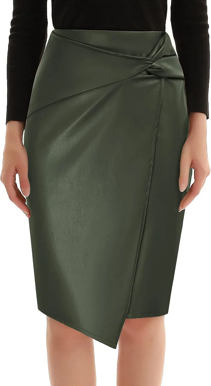 Kate Kasin Women's Faux Leather High Waist Wrap Knit Bodycon Midi Skirt for Business Casual Pencil Skirt