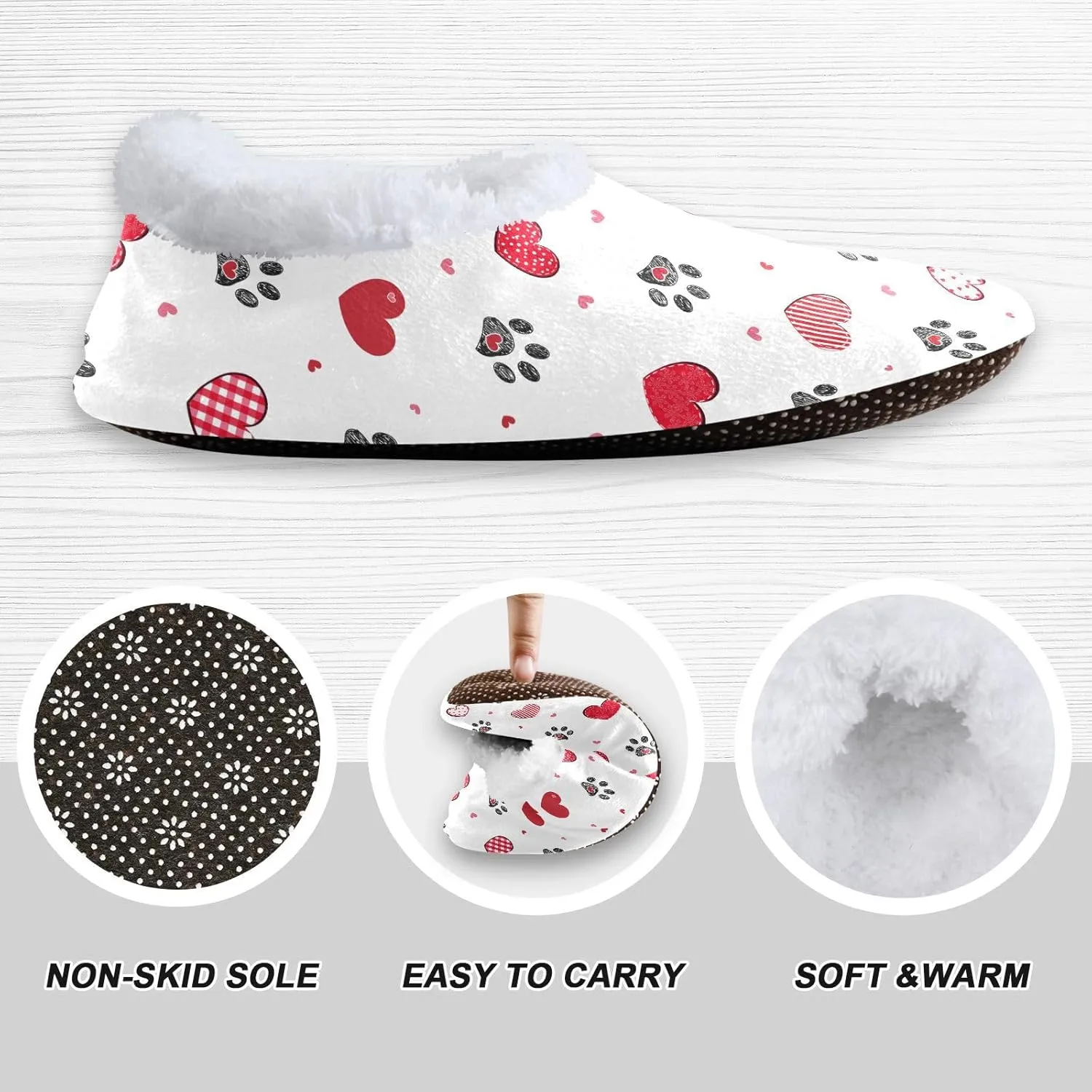 Kids Winter Slippers Black Doodle Hearts Animal Paw Print Warm Soft Non Slip House Slippers for Boys Girls Indoor