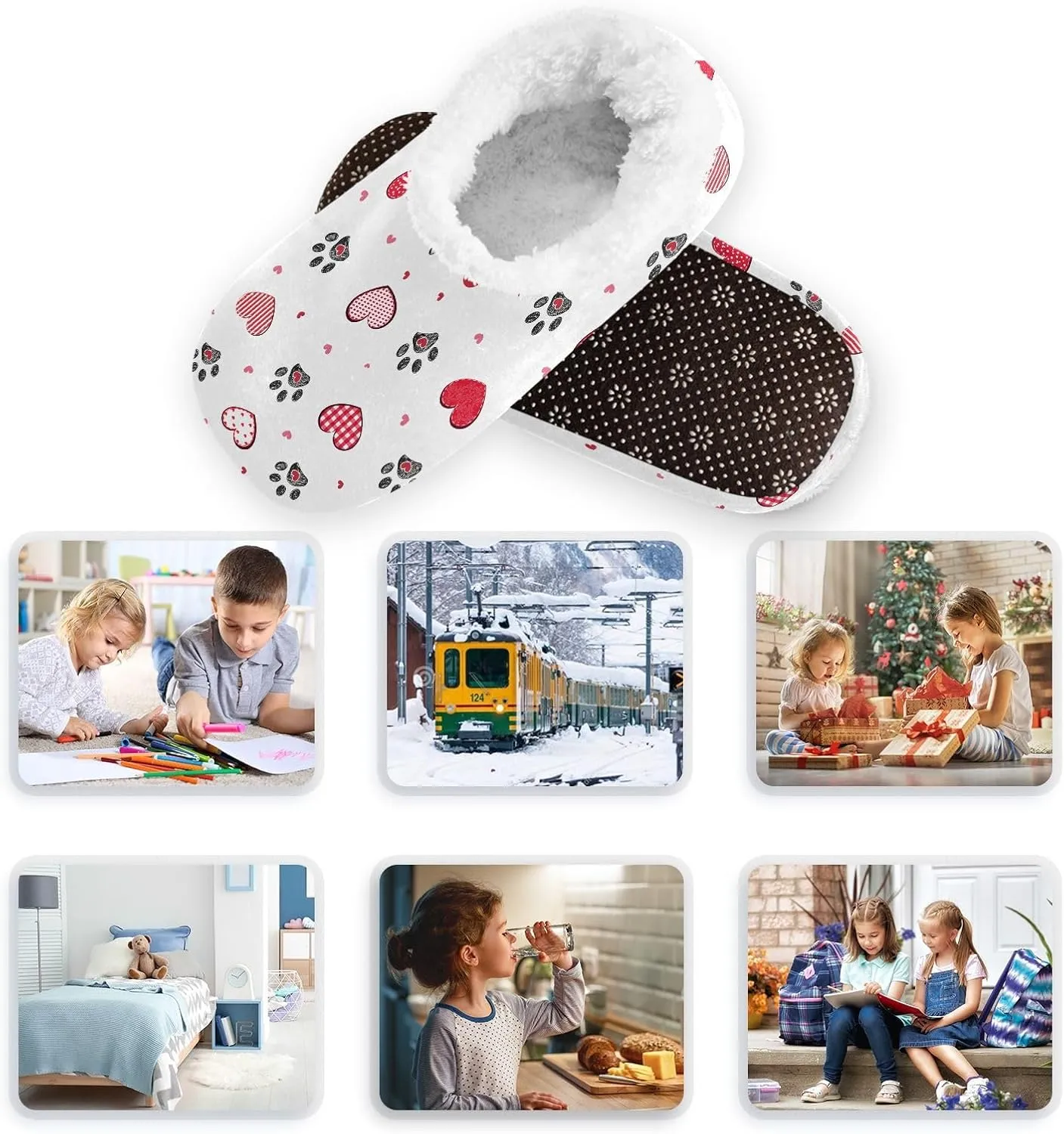 Kids Winter Slippers Black Doodle Hearts Animal Paw Print Warm Soft Non Slip House Slippers for Boys Girls Indoor