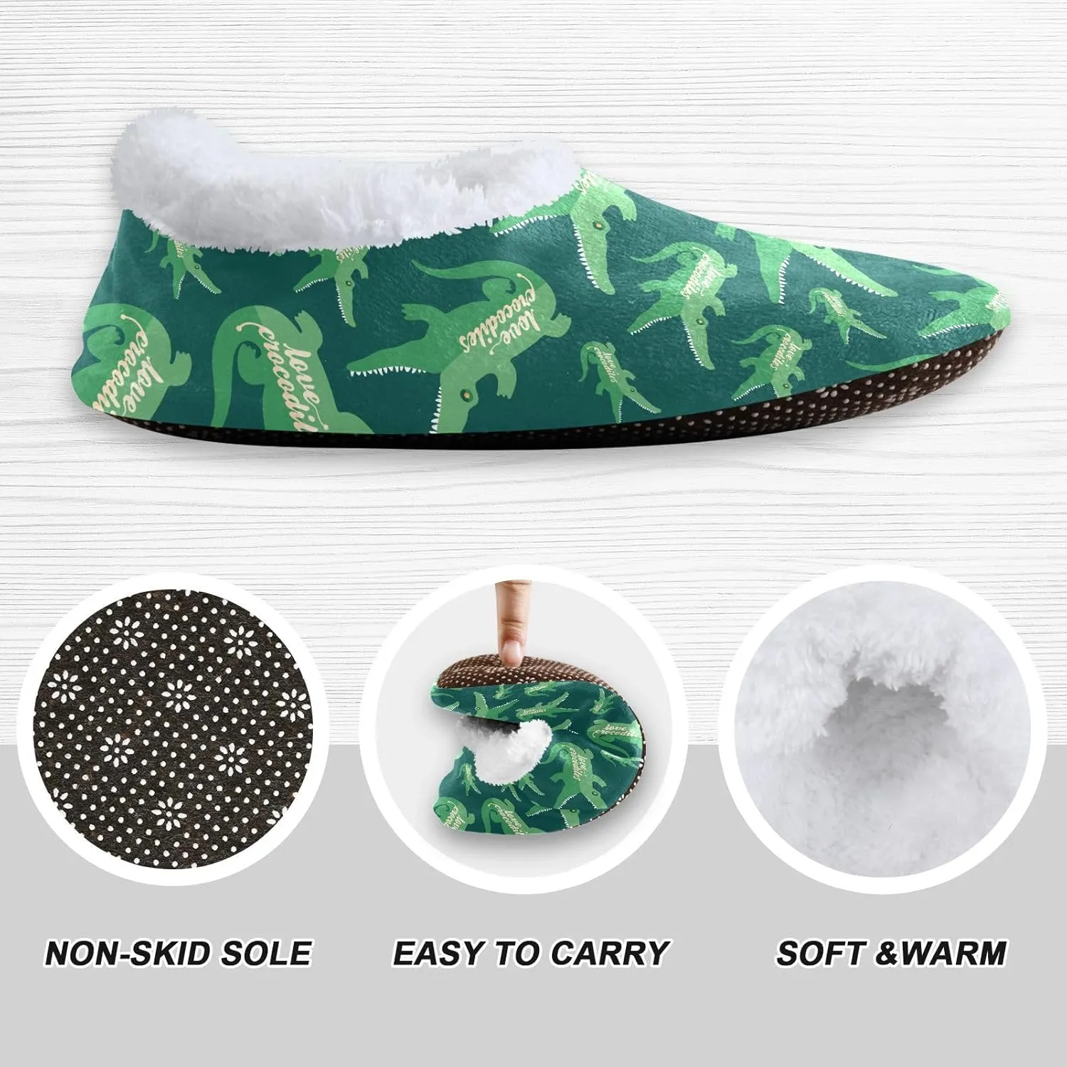 Kids Winter Slippers Crocodiles Green Animal Warm Soft Non Slip House Slippers for Boys Girls Indoor