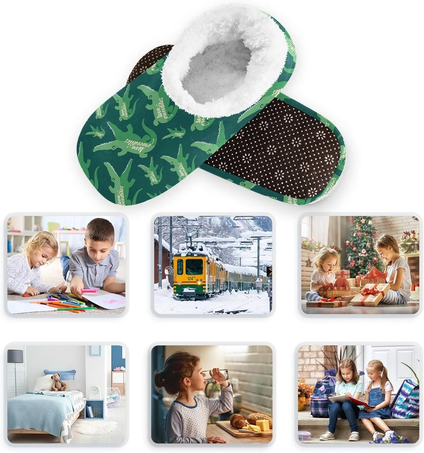 Kids Winter Slippers Crocodiles Green Animal Warm Soft Non Slip House Slippers for Boys Girls Indoor