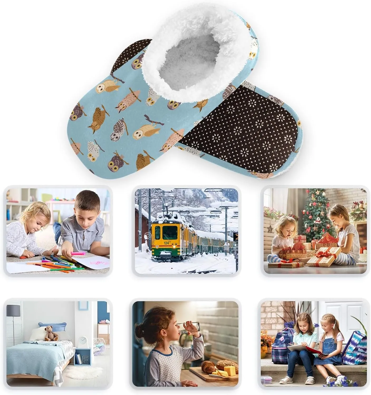 Kids Winter Slippers Funny Owls Tree Branch Birds Retro Warm Soft Non Slip House Slippers for Boys Girls Indoor