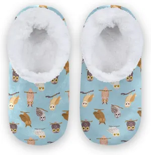 Kids Winter Slippers Funny Owls Tree Branch Birds Retro Warm Soft Non Slip House Slippers for Boys Girls Indoor