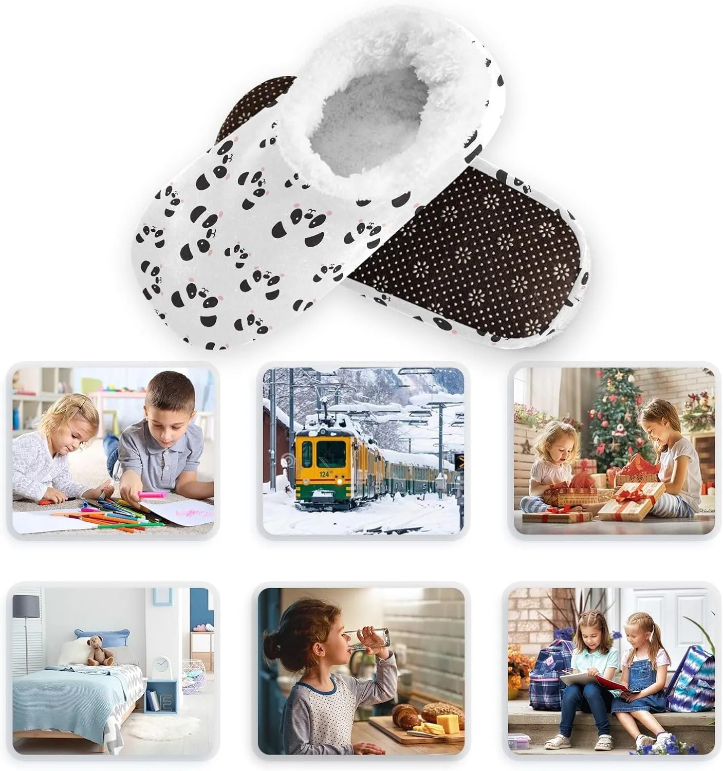 Kids Winter Slippers Panda Face Lovely Cartoon Animal Print Warm Soft Non Slip House Slippers for Boys Girls Indoor
