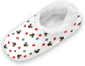 Kids Winter Slippers Pug Dog Paw Print Red Heart Animal Warm Soft Non Slip House Slippers for Boys Girls Indoor