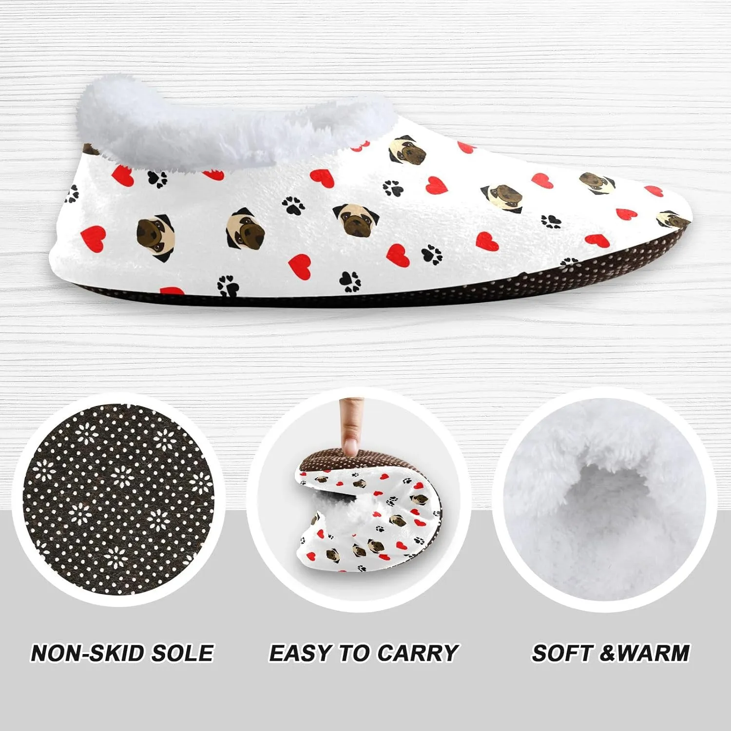 Kids Winter Slippers Pug Dog Paw Print Red Heart Animal Warm Soft Non Slip House Slippers for Boys Girls Indoor