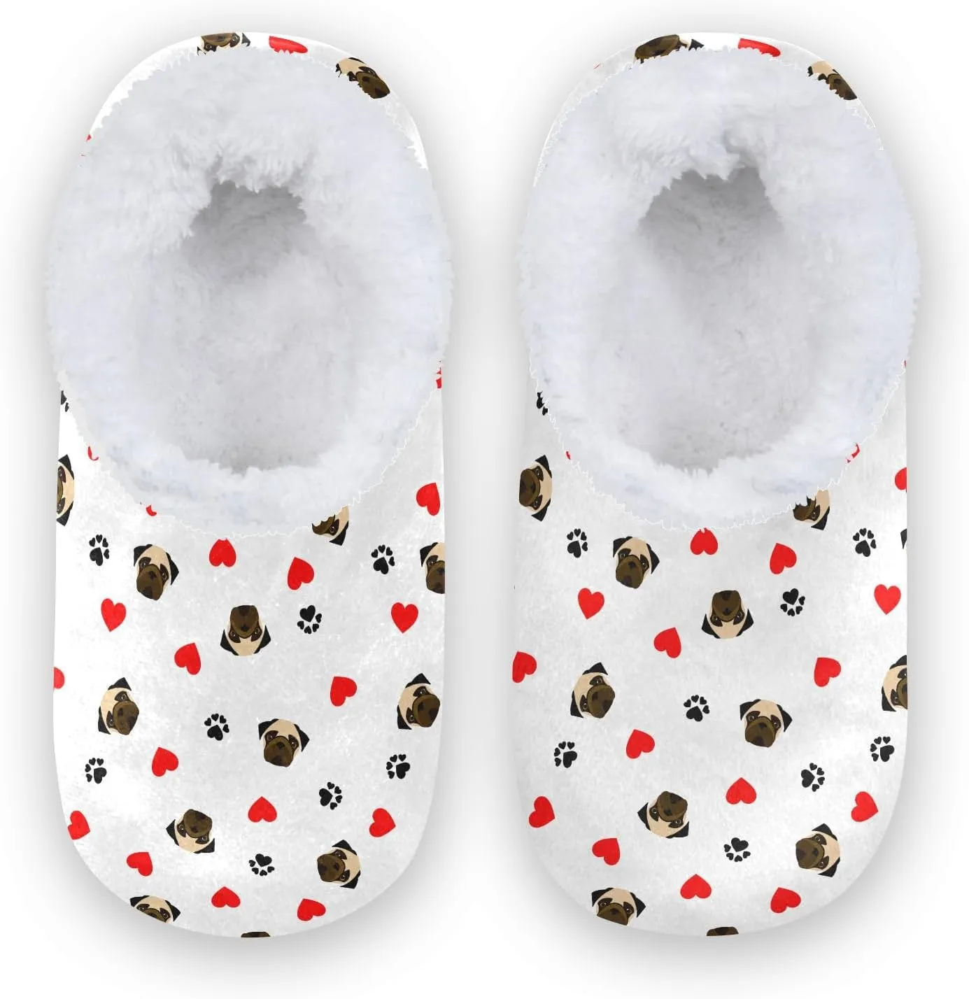 Kids Winter Slippers Pug Dog Paw Print Red Heart Animal Warm Soft Non Slip House Slippers for Boys Girls Indoor