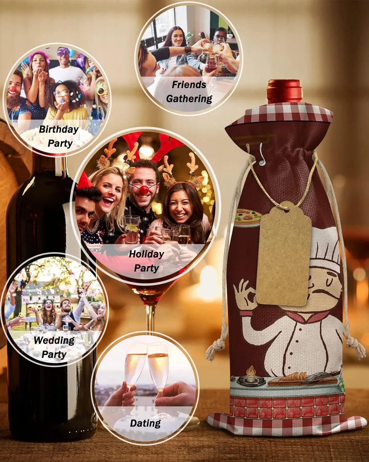 Kitchen Pizza Pasta Chefs Wine Bottle Bags Wine Bottle Cover with Drawstring, Rustic Pink Buffalo Plaid Gift Bag for Champagne, Wedding, Birthday, Party