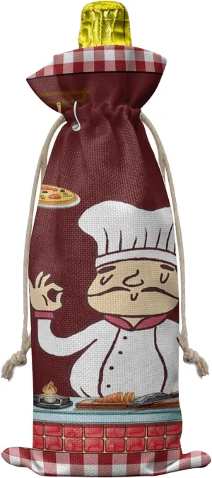 Kitchen Pizza Pasta Chefs Wine Bottle Bags Wine Bottle Cover with Drawstring, Rustic Pink Buffalo Plaid Gift Bag for Champagne, Wedding, Birthday, Party