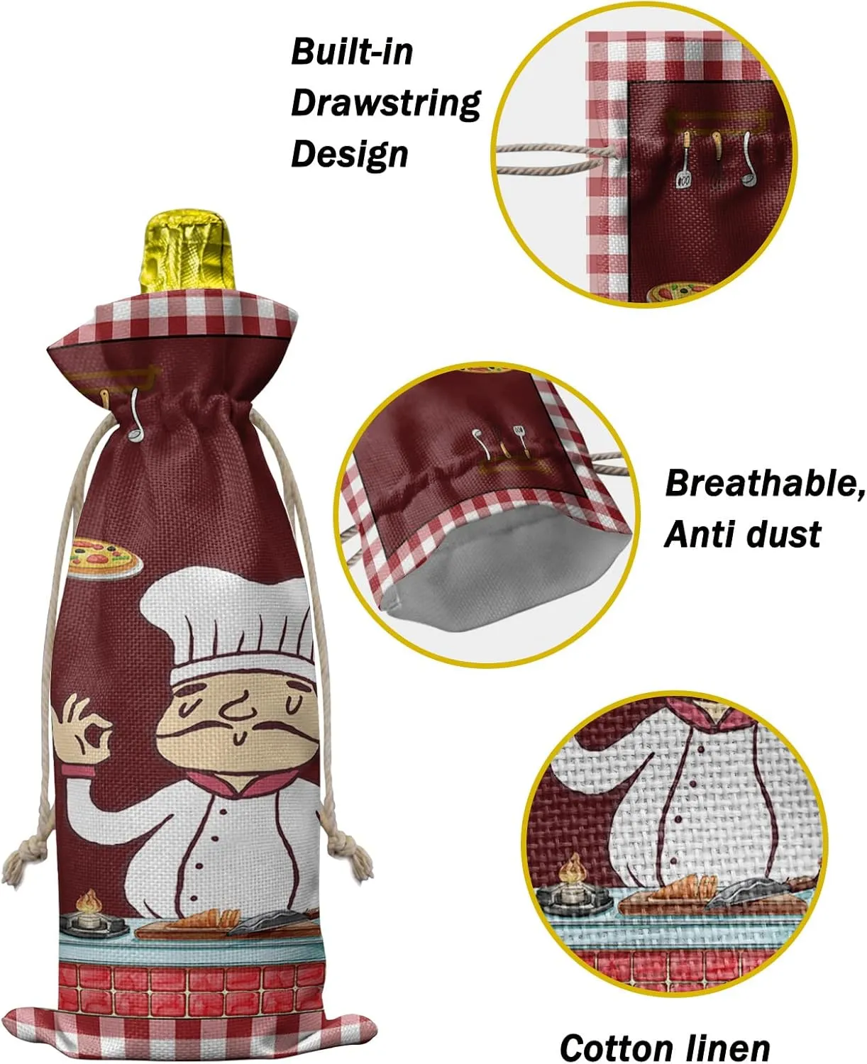 Kitchen Pizza Pasta Chefs Wine Bottle Bags Wine Bottle Cover with Drawstring, Rustic Pink Buffalo Plaid Gift Bag for Champagne, Wedding, Birthday, Party