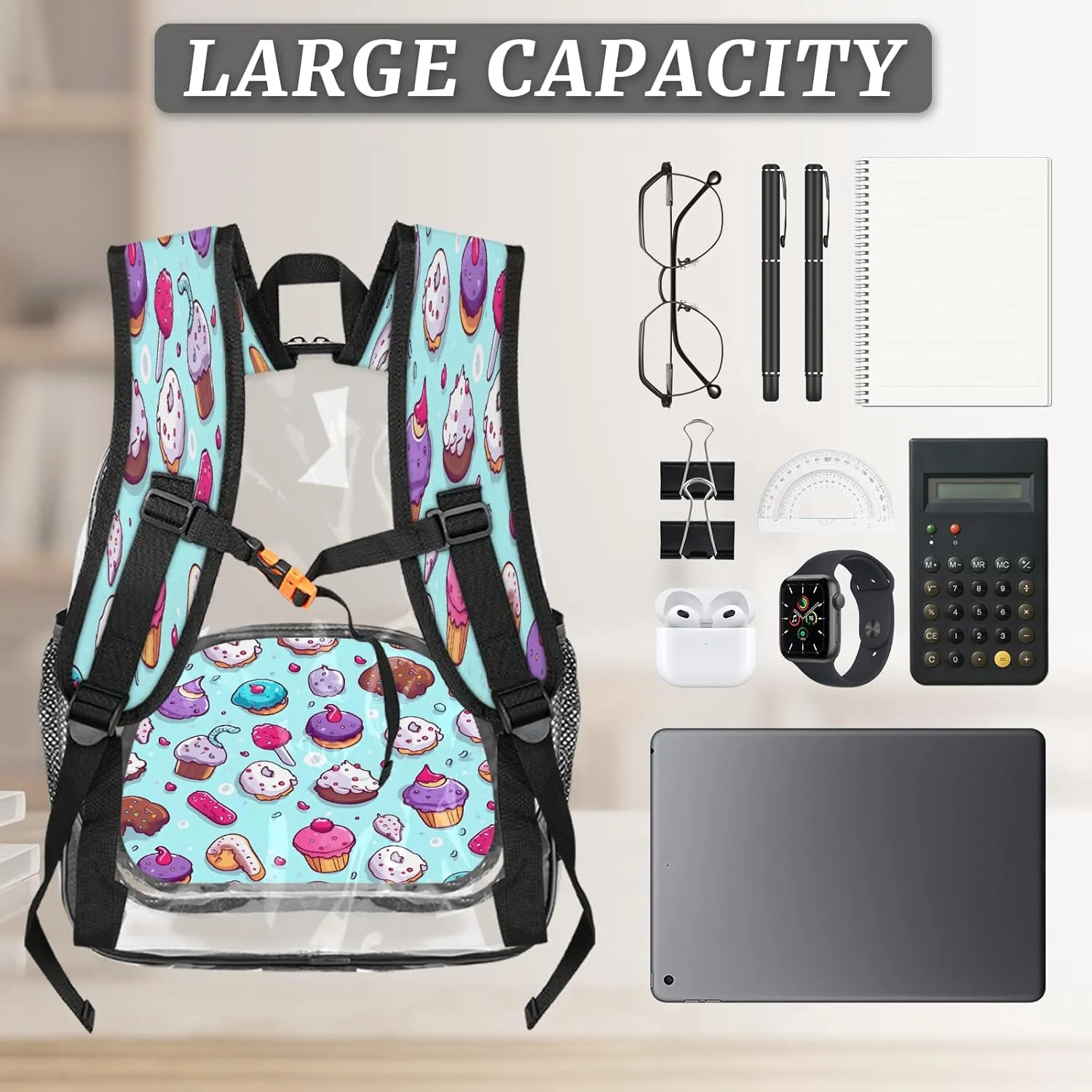 KOBLEN Bakery Delight Design 17.1 Inch Clear Backpack, Heavy Duty Transparent PVC Daypack with Adjustable Padded Straps, Large Capacity Clear Bag for Festival, Concerts, Travel
